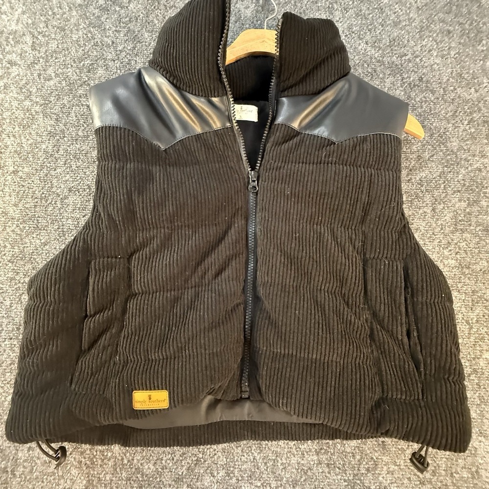 Simply Southern Black Corduroy Puffer Vest Faux‎ Leather Trim Womens Small